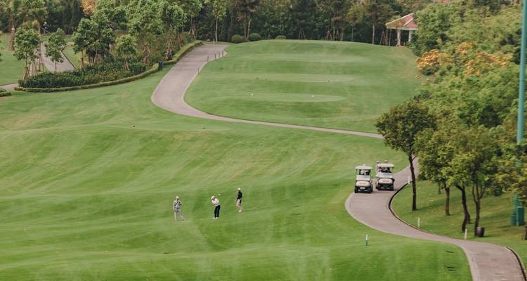 Golfers op een groene golfbaan met golfkarretjes onder een heldere hemel.