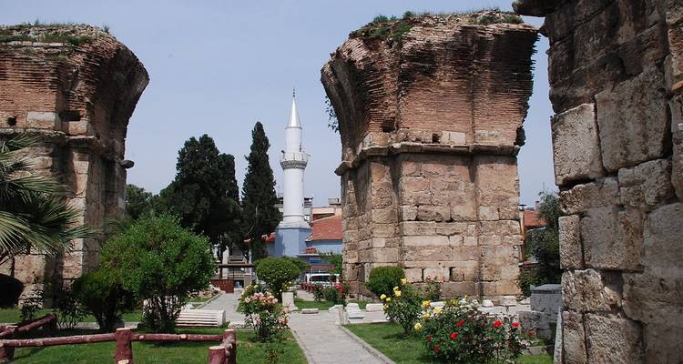 Boogstructuren met groen en een moskeetoren op de achtergrond.