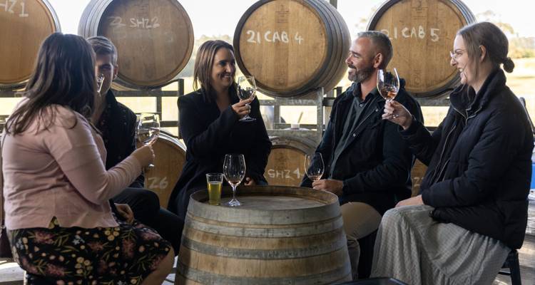 Groupe de personnes profitant d'une séance de dégustation de vin dans une cave.