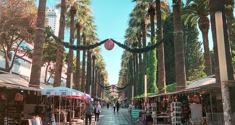 Straat met verkopers en decoratieve palmbomen langs het pad onder een zonnige hemel.