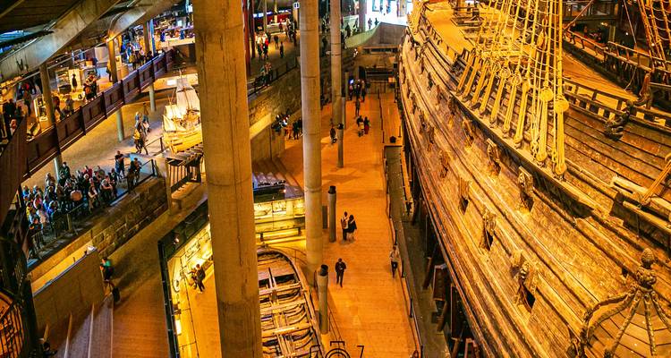 Inside view of the Vasa Museum showing a large wooden ship.