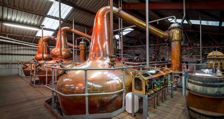 Inside of a distillery with large copper stills and equipment.