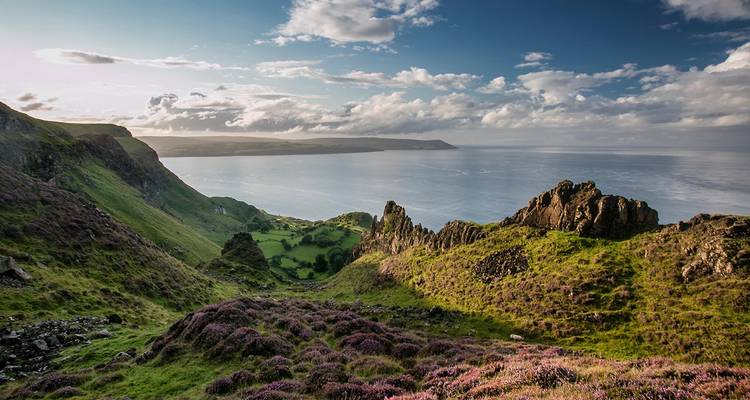 Scenic view of a coastline with cliffs and greenery.