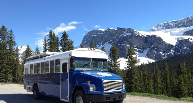 Geparkter blauer Reisebus in der Nähe schneebedeckter Berge.