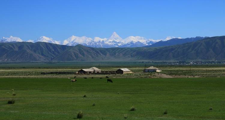 Pastoral scene with mountains and fields.