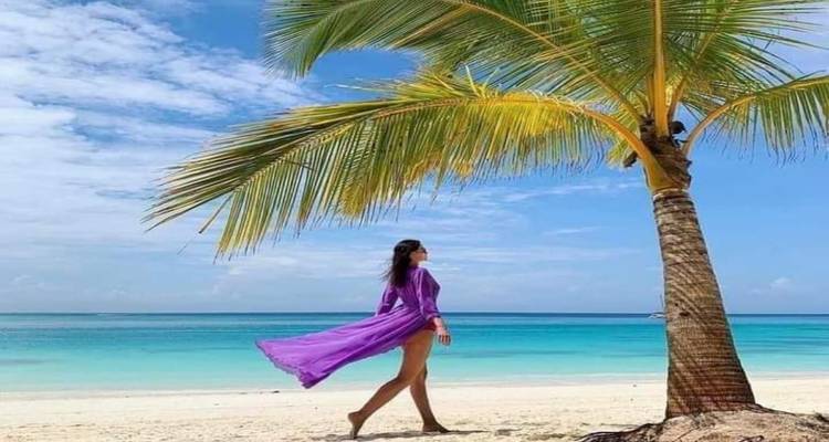 Vrouw in paarse jurk wandelt langs een tropisch strand met palmbomen.