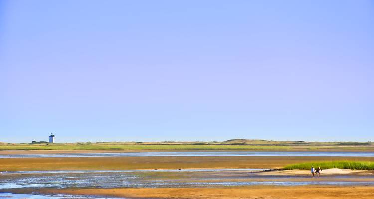 Küstenlandschaft mit einem Leuchtturm in der Ferne.