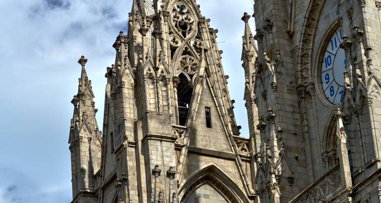 Close-up of a gothic cathedral with intricate clock tower.