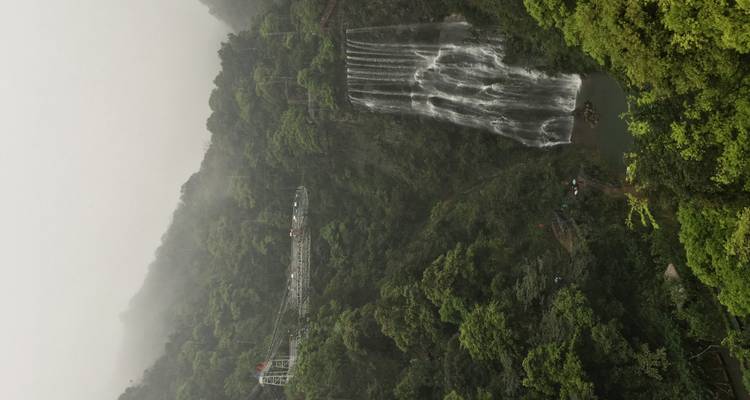 Waterfall amidst dense vegetation in a misty atmosphere.
