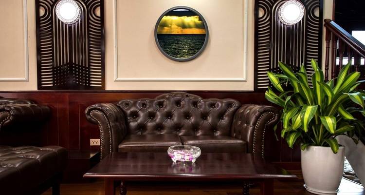 Loungeruimte met leren banken en een salontafel op een boot.