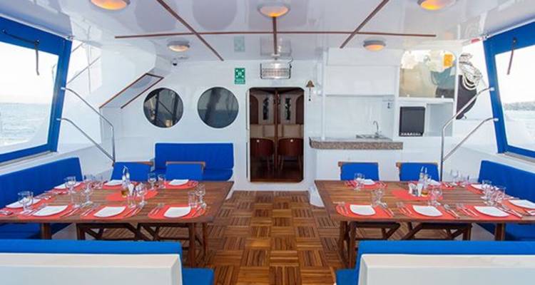 Comedor interior luminoso con mesas de madera, cojines azules y una pequeña cocina a bordo.