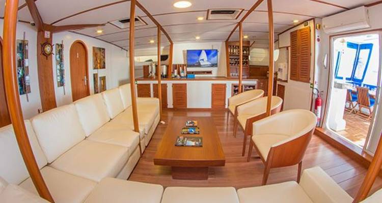 Área de descanso cómoda con sofás blancos y detalles de madera dentro del yate.
