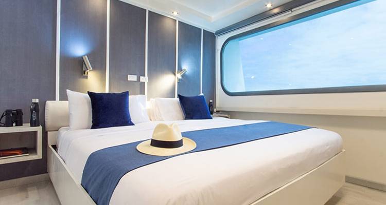 Interieurhut met een groot bed en uitzicht op de oceaan.