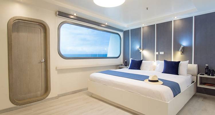 Ruime hut met een groot bed, uitzicht op zee en moderne inrichting.