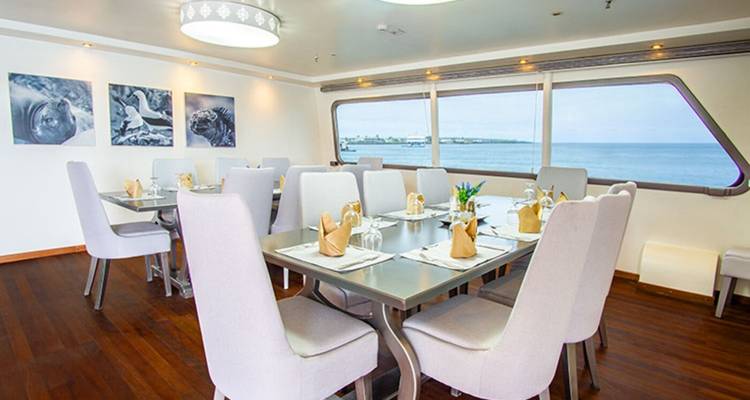 Eetgedeelte op een boot met uitzicht op de oceaan.