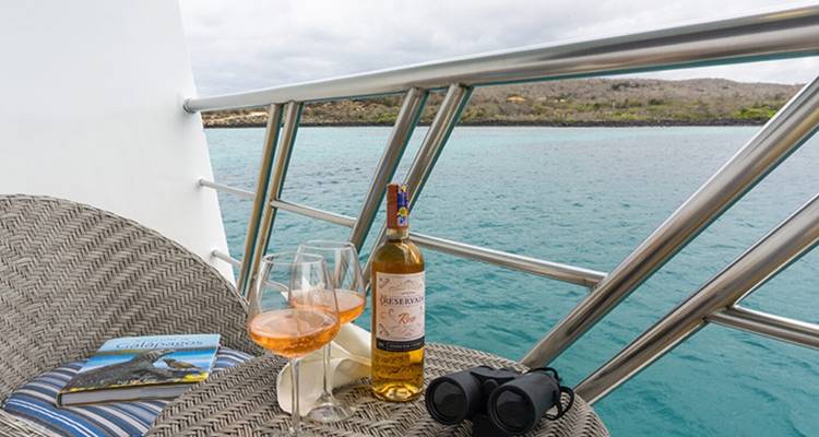 Dekgebied met wijnglazen en uitzicht op het water.