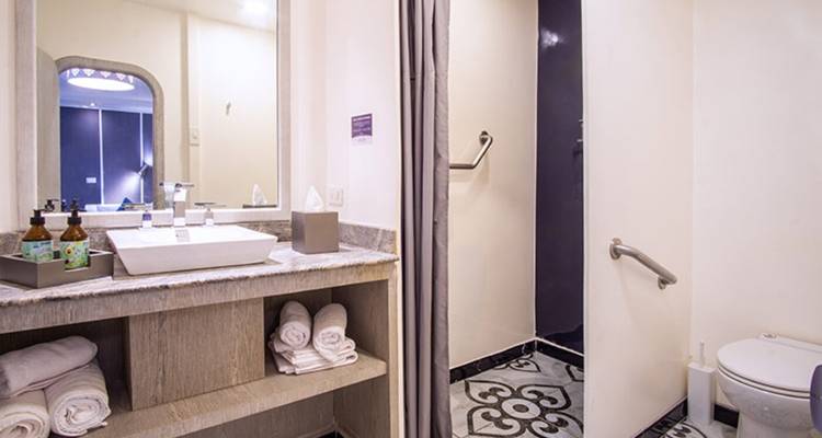 Badkamerruimte met wastafel en douche.