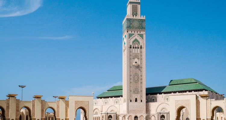 Hassan II Mosque with a clear blue sky