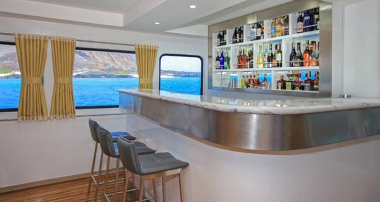 Bargedeelte op een jacht met oceaan op de achtergrond.