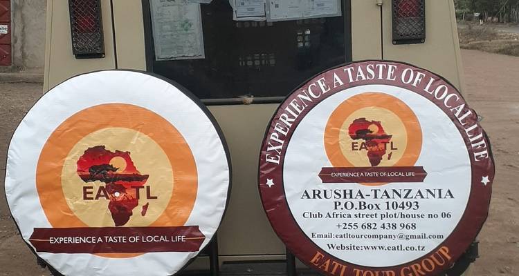 Gros plan sur la housse de roue de secours d'un véhicule de safari avec un logo.