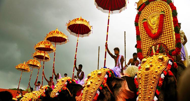 Elefantenfestival mit aufwändig geschmückten Elefanten und Begleitern.