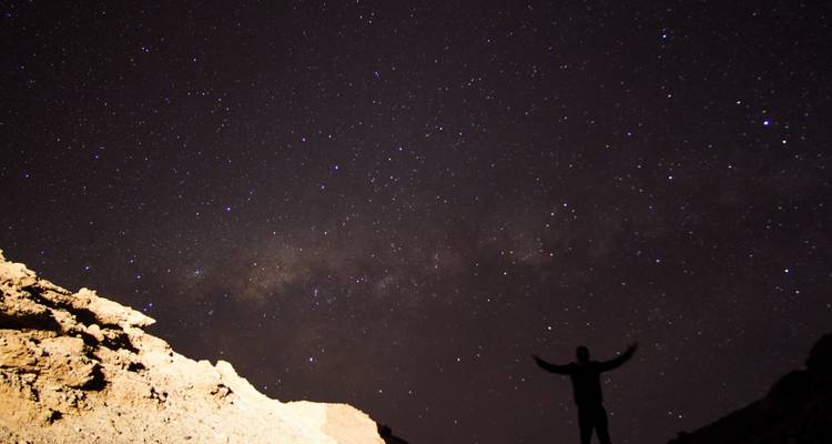 Silueta de un viajero bajo un cielo nocturno lleno de estrellas con la Vía Láctea arqueándose arriba.