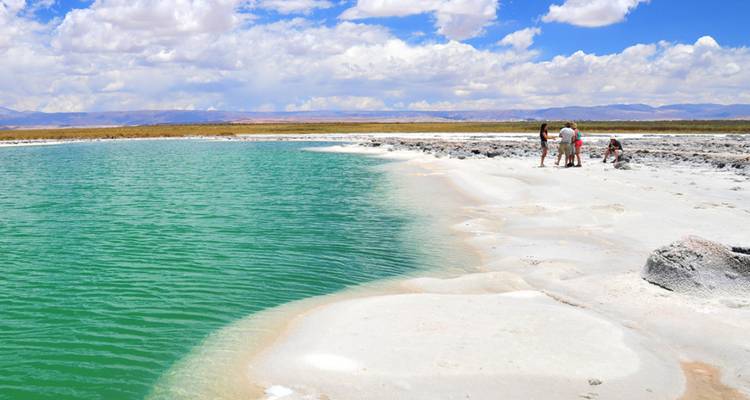 Un pequeño grupo explora una laguna de sal de un turquesa vibrante bordeada por depósitos minerales blancos.
