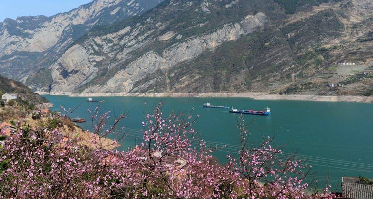 River with ships set against mountainous landscape in spring bloom.