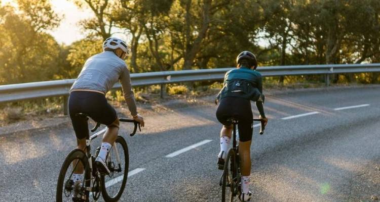 Cyclists riding up a hill on a road with sunlight filtering through trees.