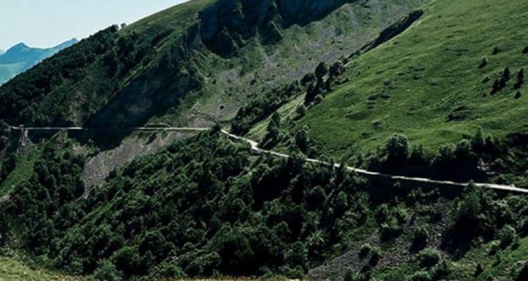 Steep hillside with winding road through greenery.