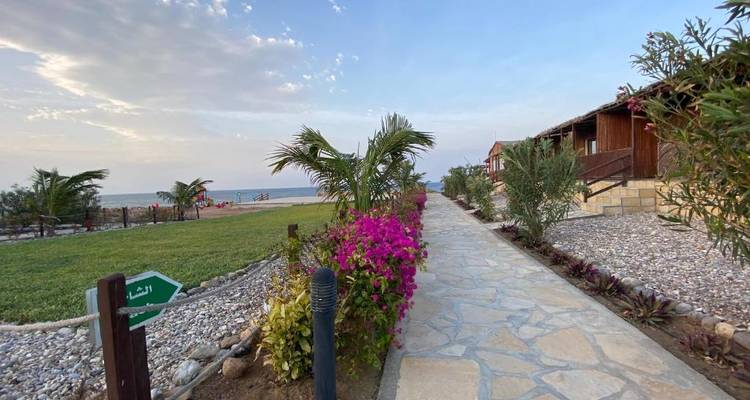 Steinweg gesäumt von leuchtend rosa Bougainvilleen, der zu einem Sandstrand und Holzhütten führt.