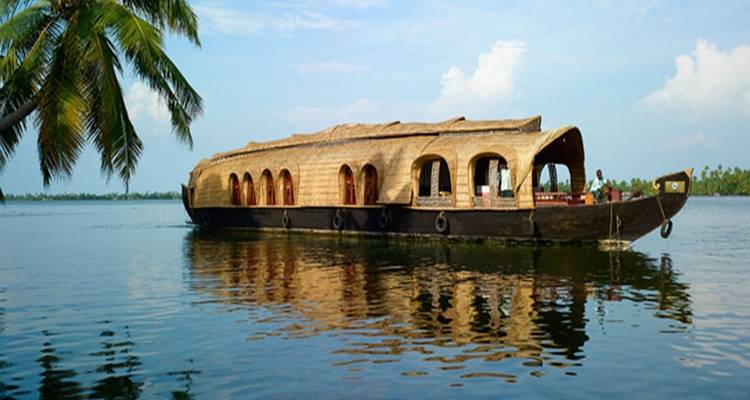 Péniche traditionnelle sur un plan d'eau calme entourée de palmiers.