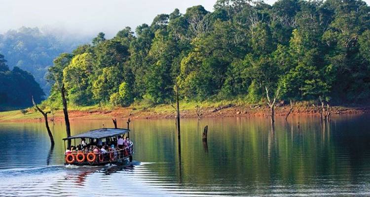Bateau touristique sur une voie navigable pittoresque avec un arrière-plan de forêt dense.
