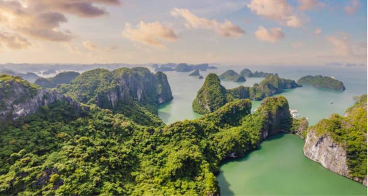 Vue aérienne des îles calcaires verdoyantes de la baie d'Halong.