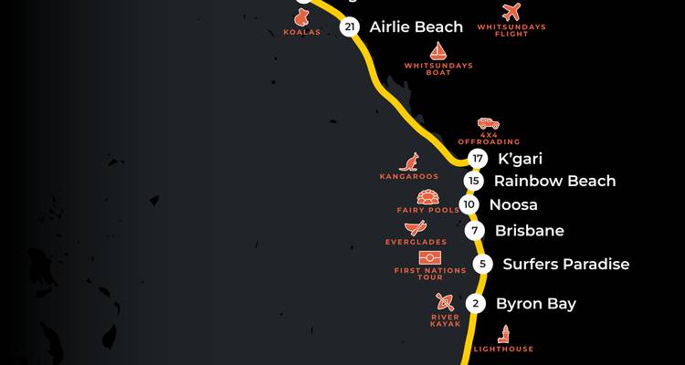 Carte stylisée en noir mettant en évidence les étapes de voyage le long de l'itinéraire de la côte est de l'Australie.