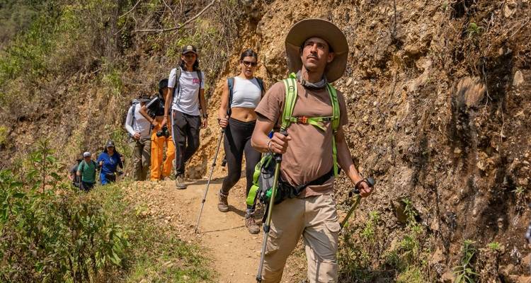 Grupo haciendo senderismo en un sendero, liderado por un hombre que lleva un sombrero de ala ancha.