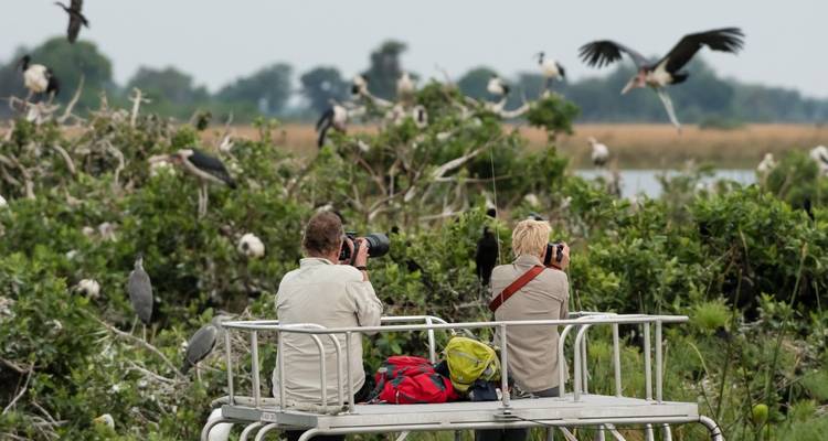 Mensen die vogels fotograferen vanaf een platformboot.