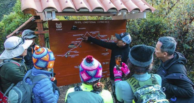 Grupo de personas mirando un mapa de senderos.
