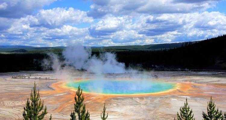 Steaming geothermal pool with a vibrant color palette.