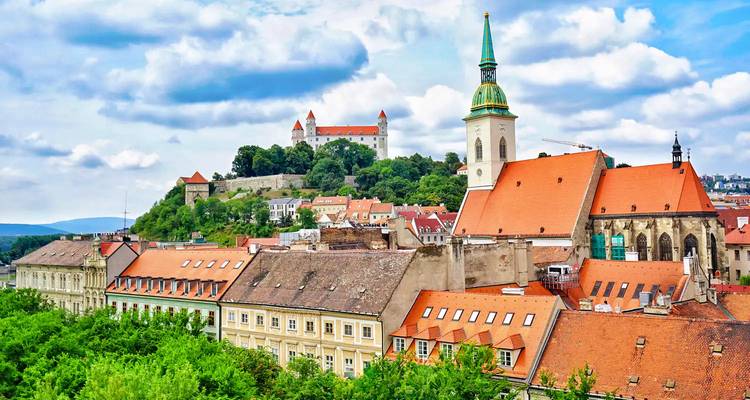 Stadslandschap met een kasteel en kerk op de heuvel.