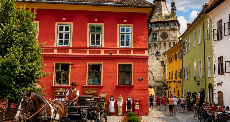 Colourful medieval street in Sighisoara with a horse-drawn carriage and the famous clock tower in the background.
