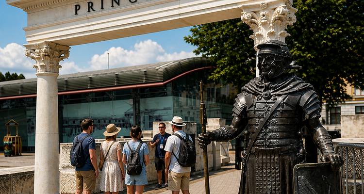 Tour group listens to a guide beside a bronze Roman legionary statue at Alba Iulia’s citadel gate.