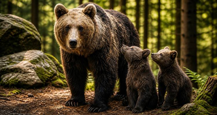 A brown bear stands alert on a forest path while two small cubs sit looking up at it, with sunlight filtering through the green woodland.