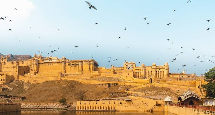 Amber Fort met vogels die overhead vliegen.