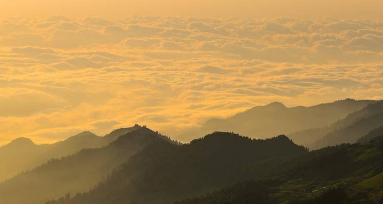 Les crêtes montagneuses se découpent en silhouette contre une mer de nuages dorés éclairés par la lumière de l'aurore.
