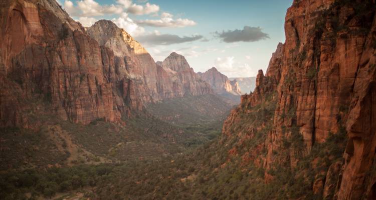 Las paredes del cañón de color óxido profundo enmarcan el piso del valle exuberante bajo la suave luz de la tarde.