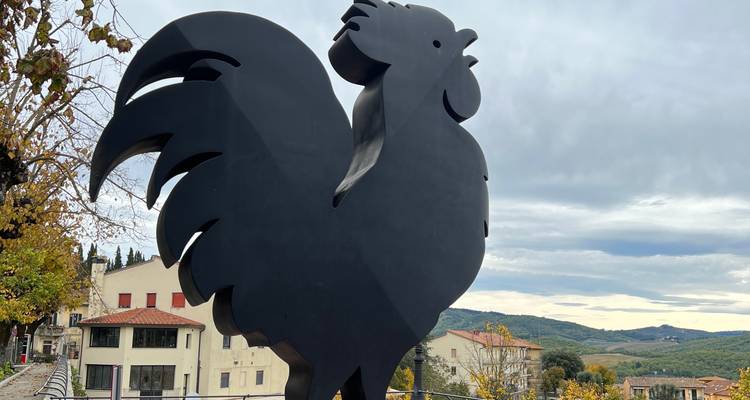 Sculptuur van een zwarte haan met heuvels en gebouwen op de achtergrond.