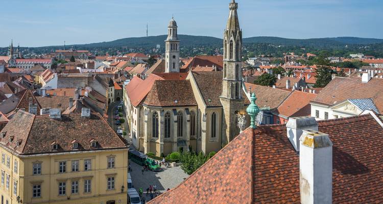 Paysage urbain historique avec église et toits rouges.