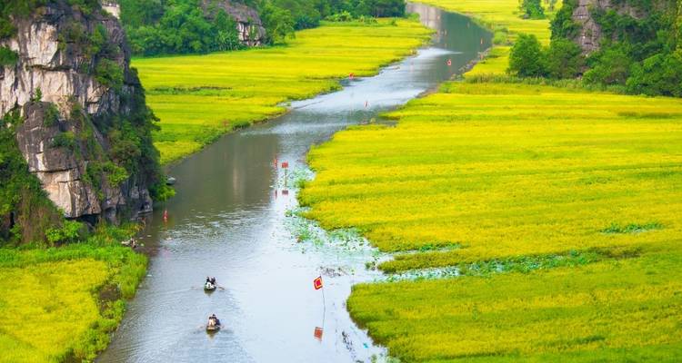 Luftaufnahme eines malerischen Flusses durch Reisfelder und Kalksteinklippen