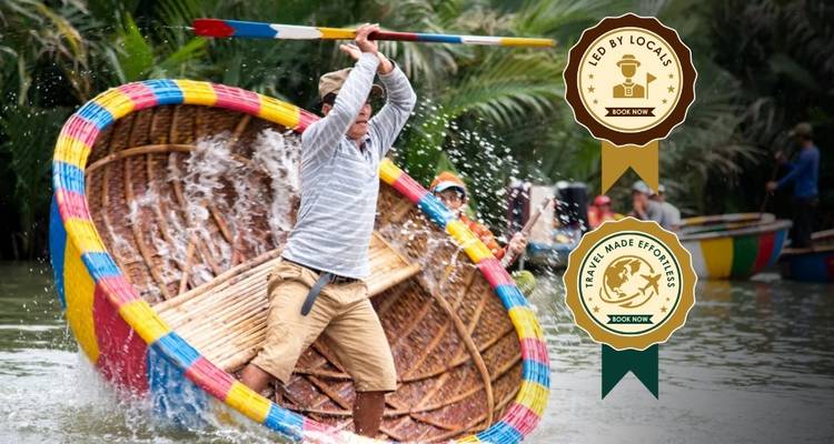 Person in a round boat paddling through water.